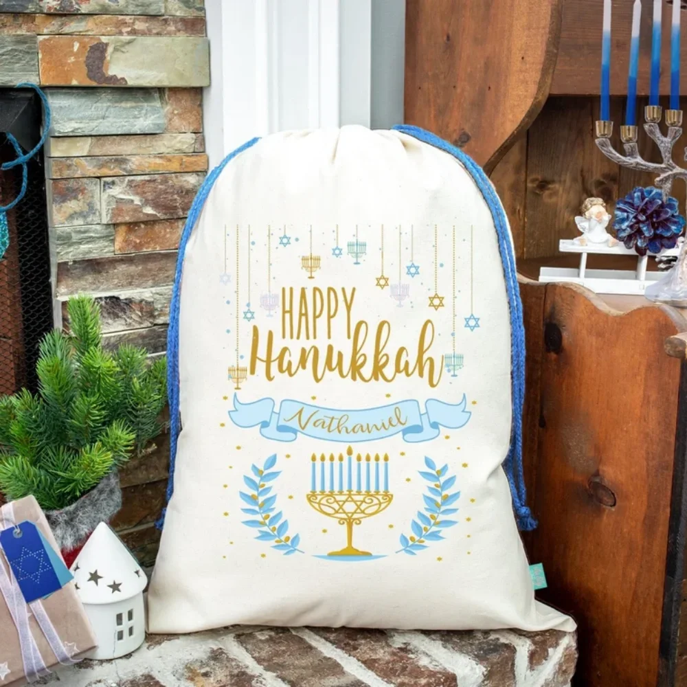 20pcs Happy Hanukkah Menorah Personalized Gift Bag -Happy Hanukkah Gift Sack-Holiday Bag Hanukkah Gift Bag with Children's Name