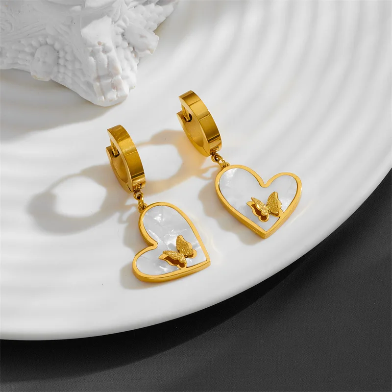 Butterfly Moves the Heart Titanium Steel Drop Earrings with Enamel 18K Gold Plated Waterproof Low Allergy Jewelry for Women Gift