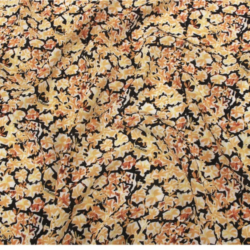 

1 метр, 100% шелк шелковицы, 18 момме, креповая шелковая ткань, оранжевая, с маленьким цветочным принтом, 138 см, ширина 54 дюйма, по дворам, YW007