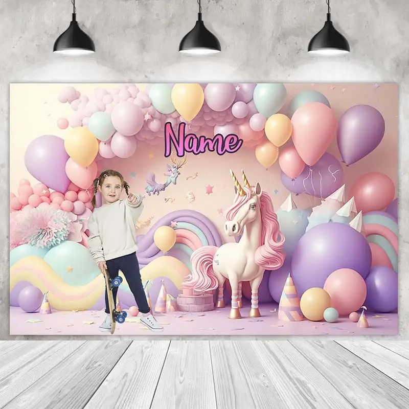 Unicorn Party Backdrops Princess Girl Birthday Photography Cake Smash Rainbow Balloons Background Shoot Customize Name Photo