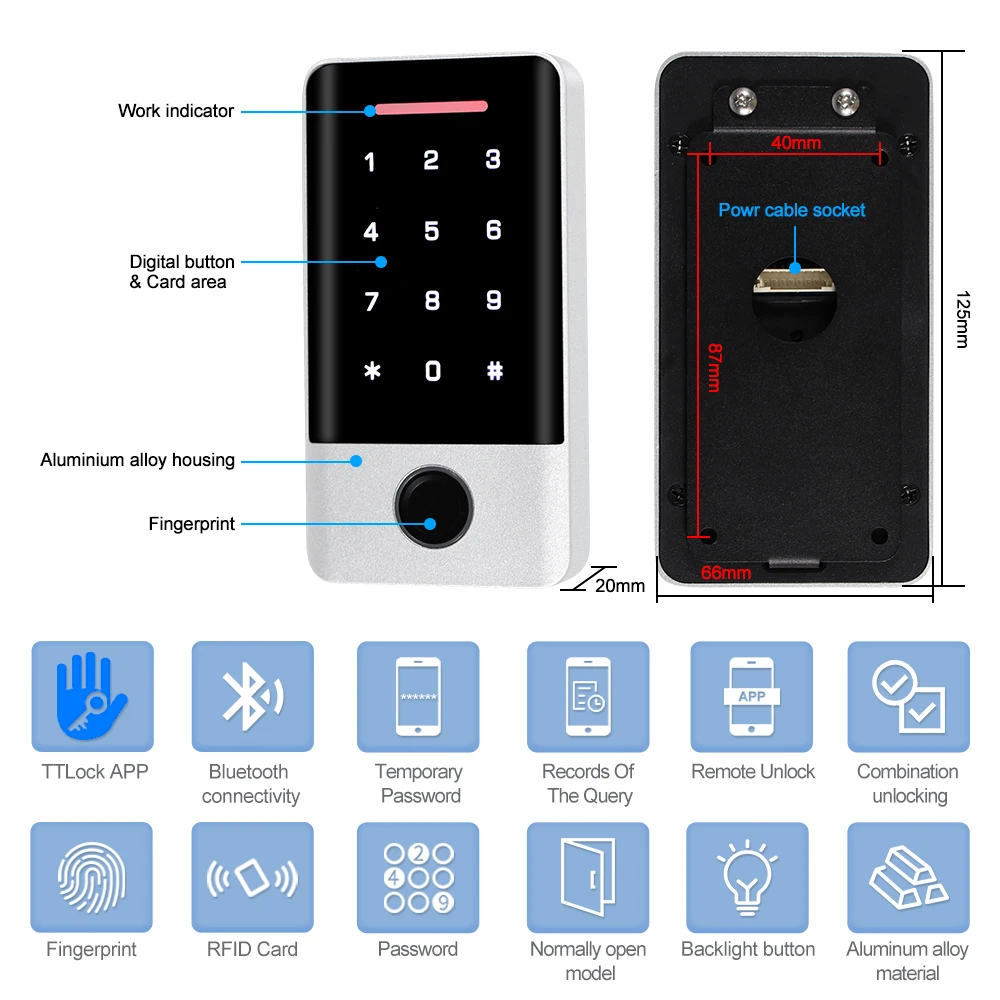 Smart Fingerprint Access Control Keypad Door Lock Controller RFID 13.56MHz Card Unlock with Bluetooth TTLock APP Remote Control