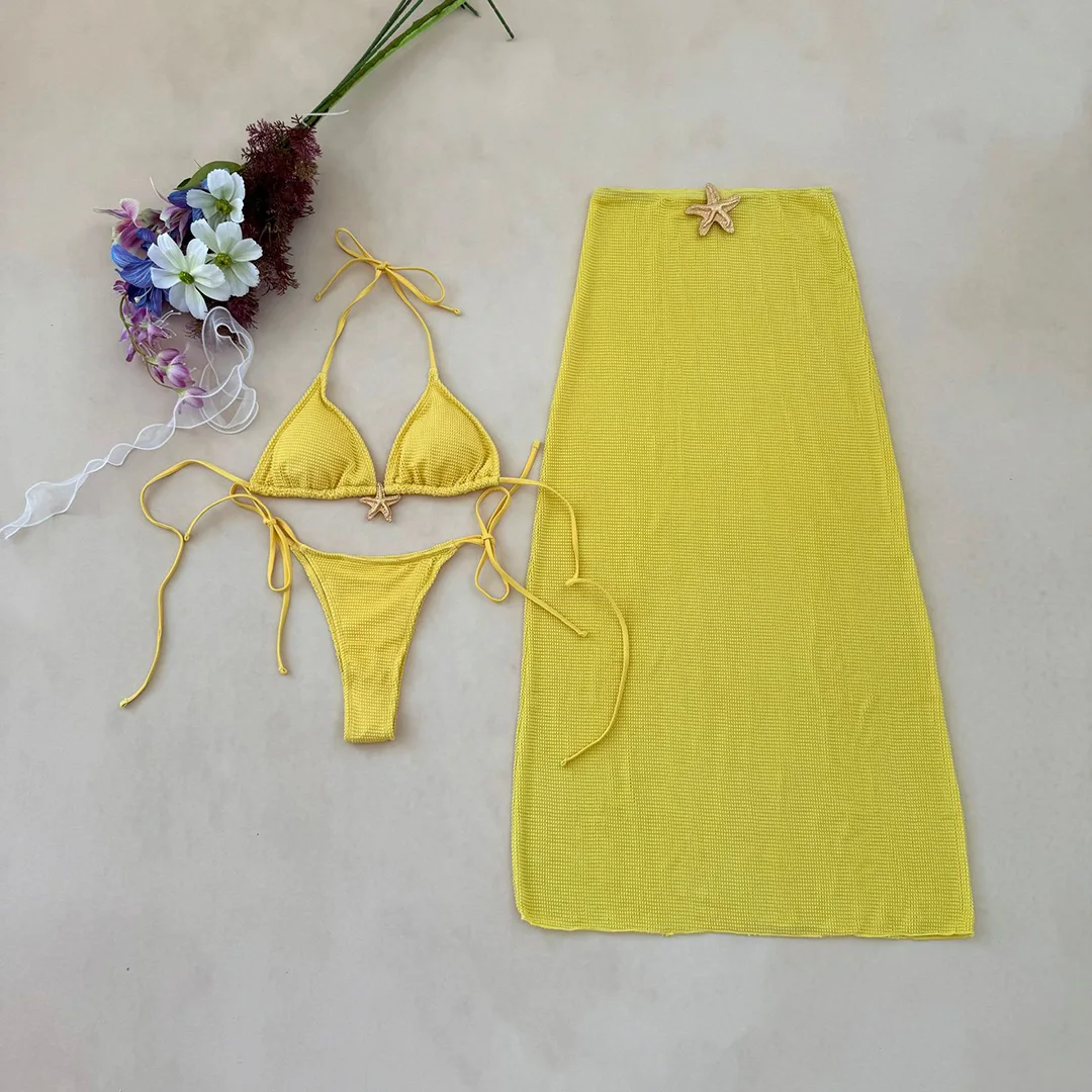 Metall-Stern-Halter-Bikini, Damen-Badeanzug, Damen-Badebekleidung, dreiteiliges Bikini-Set mit Rock, gepolsterter Badeanzug, Badebekleidung, Modell V6740Y. – Detail 31