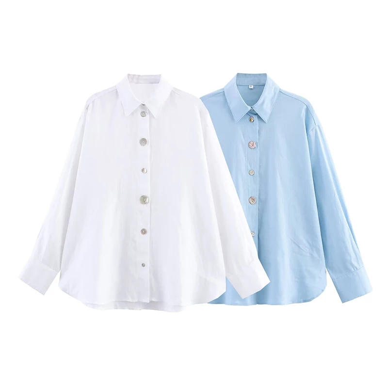 

RAFZNB Women's Fashion Button Decoration Loose Shirt Summer Turn-down Collar Casual Shirts Female Blouses Chic Tops