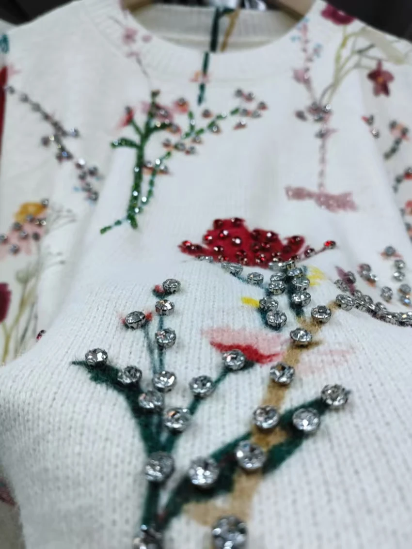 High-end Sparkle Diamonds Flowers Printed Sweater Women's Autumn Winter Clothes New Trend Outerwears Knitted Pullover Pull Femme