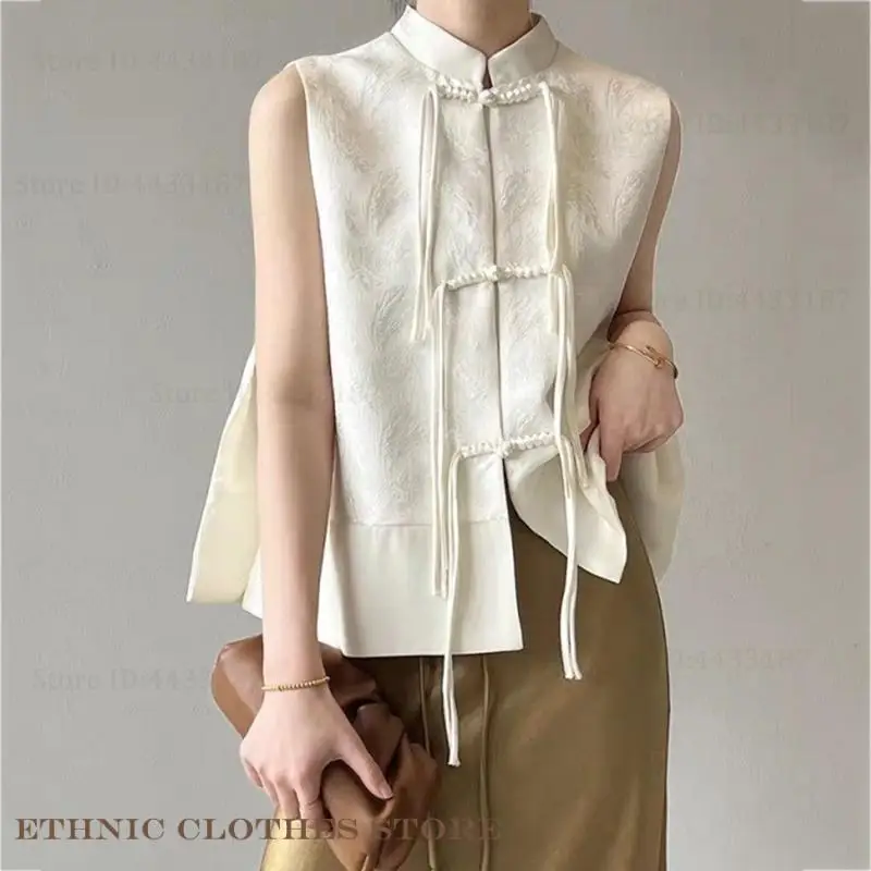 

Модный топ в китайском стиле Тан, сексуальная женская рубашка без рукавов, традиционная китайская одежда, жаккардовая тонкая блузка Ципао Cheongsam