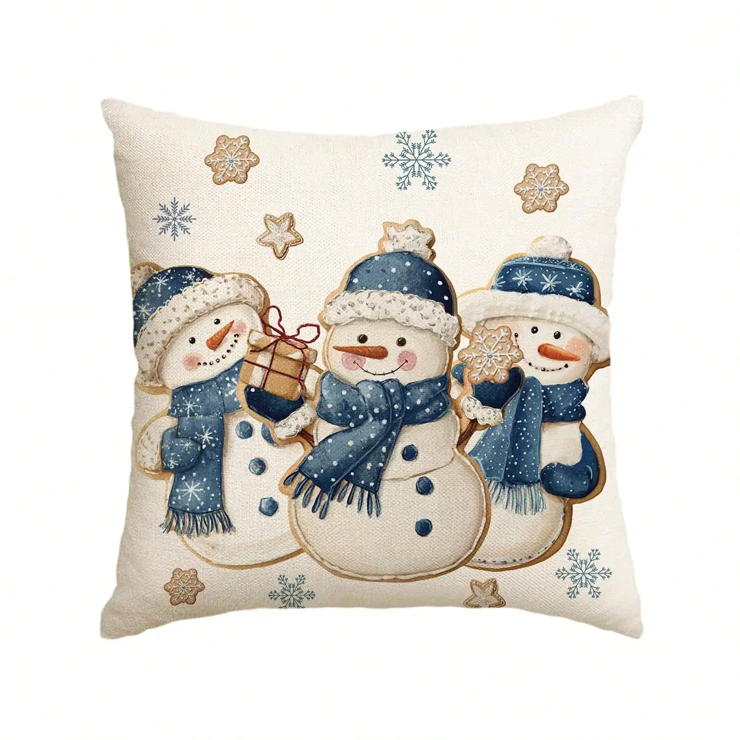 1pc Winter Snowman Snowflake 18x18 Inch Throw Pillow Cover Cookies Star Gift Blue Scarf Hat Christmas Holiday Xmas Cushion Case Decoration For Sofa Couch, Single-Sided Print, 100% Polyester( Do Not Include Insert)
