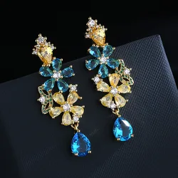 Bohemian colorful zircon flower earrings 925 silver needle fashion heavy industry new personality earrings female wholesale