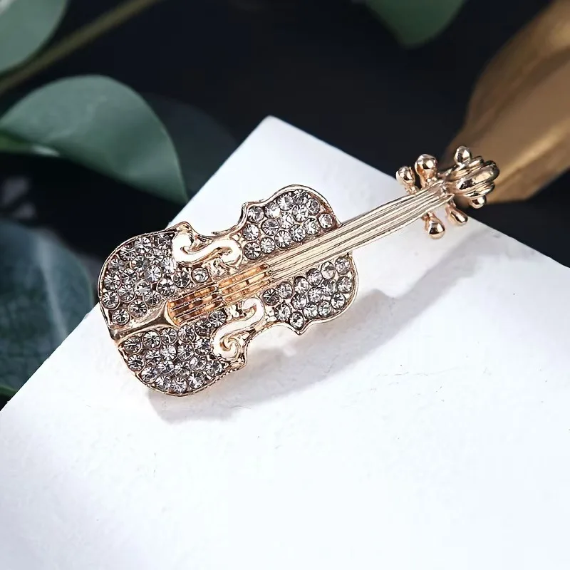 Shinny Crystal Music Violin Pearl Brooch For Women Exquisite Concert Accessories Clothingdecoration Collar Pins - view 2