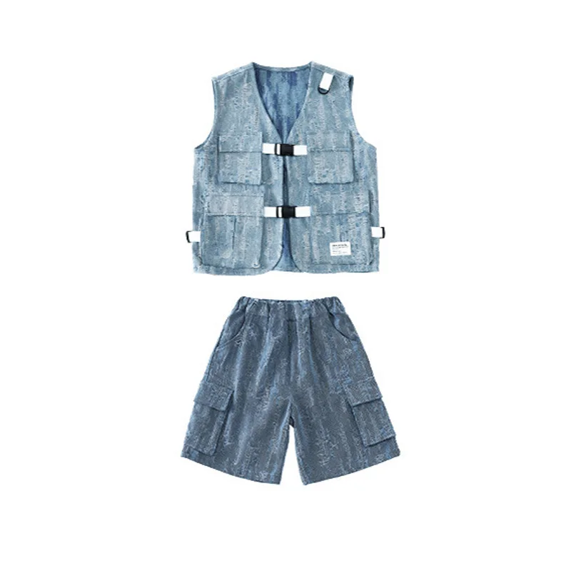 Boys Hip Hop Sets Red Plaid Shirt Denim Vest Jeans Short Girls Jazz Street Dance Clothes Kids Streetwear Teens Costume