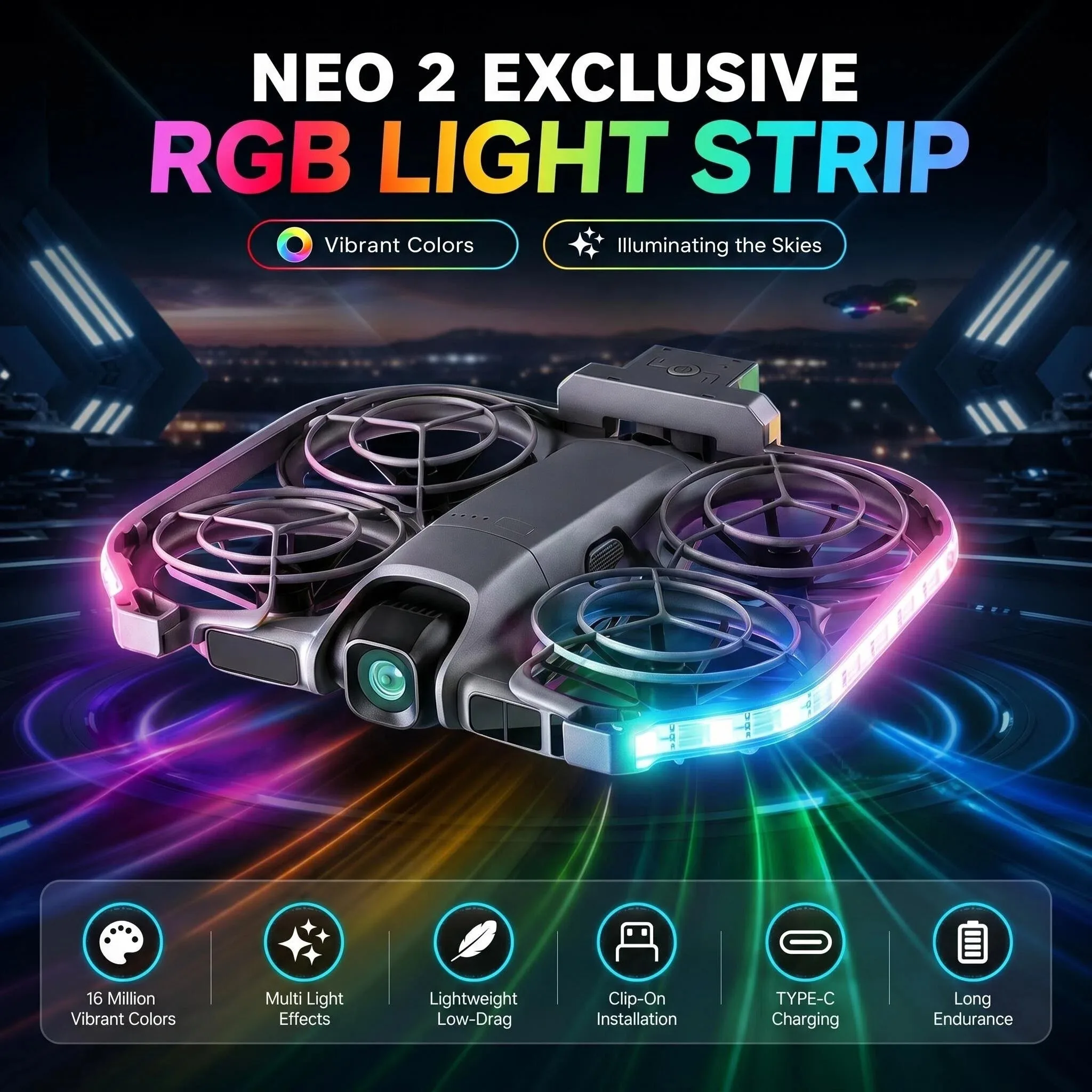 RGB LED Light Strip for DJI Neo 2 Night Flight Lamp Lightweight Easy Install Rechargeable Ambient Lights Drone Accessory