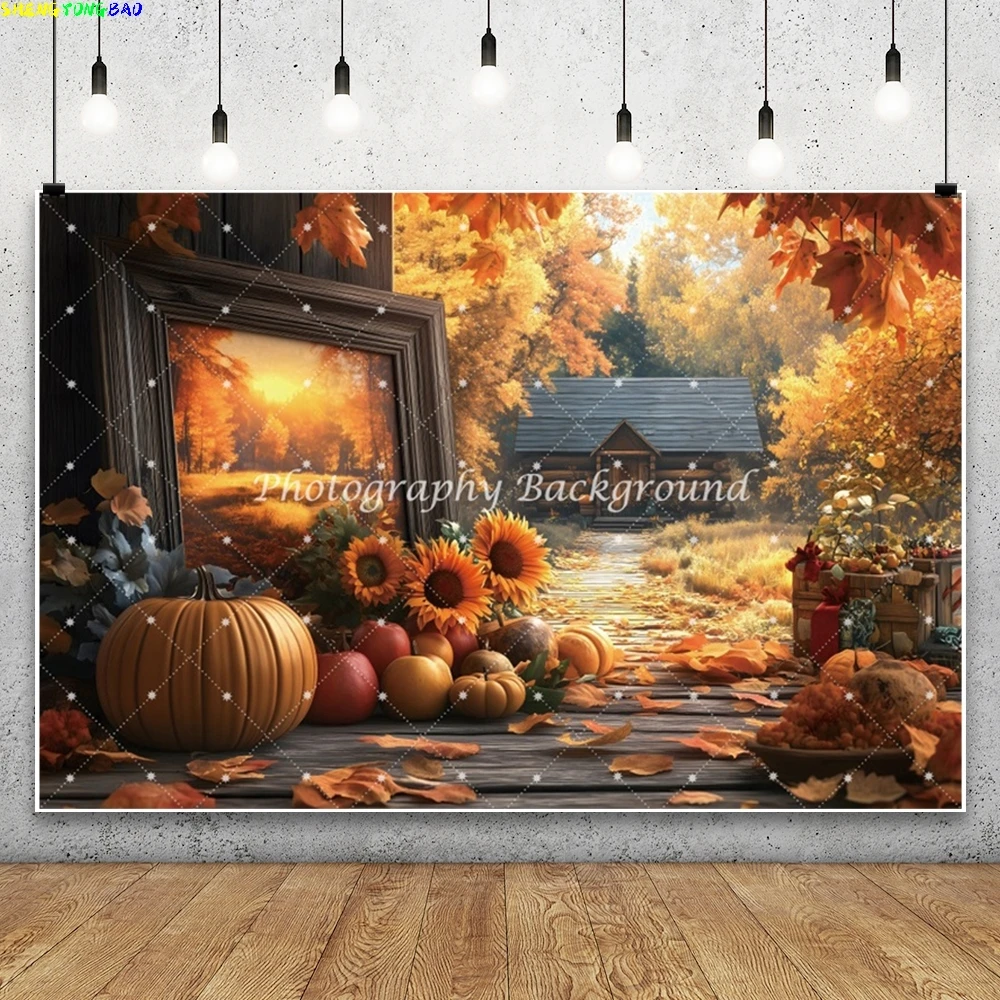 Herbst Fotografie Hintergrund Outdoor Gelbe Ahornblätter Kürbis Hause Sonnenblume Spiegel Landschaft Thanksgiving Party Hintergrund Prop