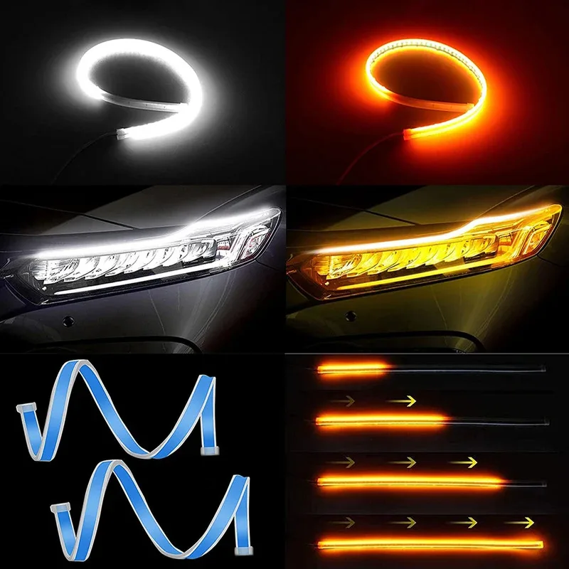 

2pcs 12V LED DRL Car Daytime Running Light Flexible Waterproof Strip Auto Headlights White Turn Signal Yellow Brake Flow Lights
