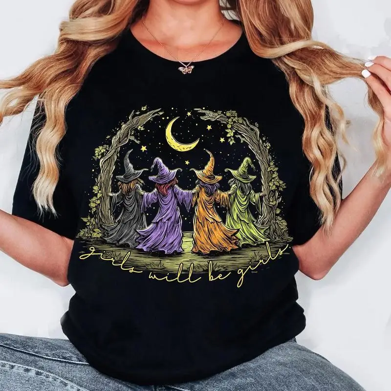 

Girls Will Be Witches T-Shirt Women's Halloween Besties Graphic Tee Spooky Season Spooky Sisters Vintage Crescent Moon Top