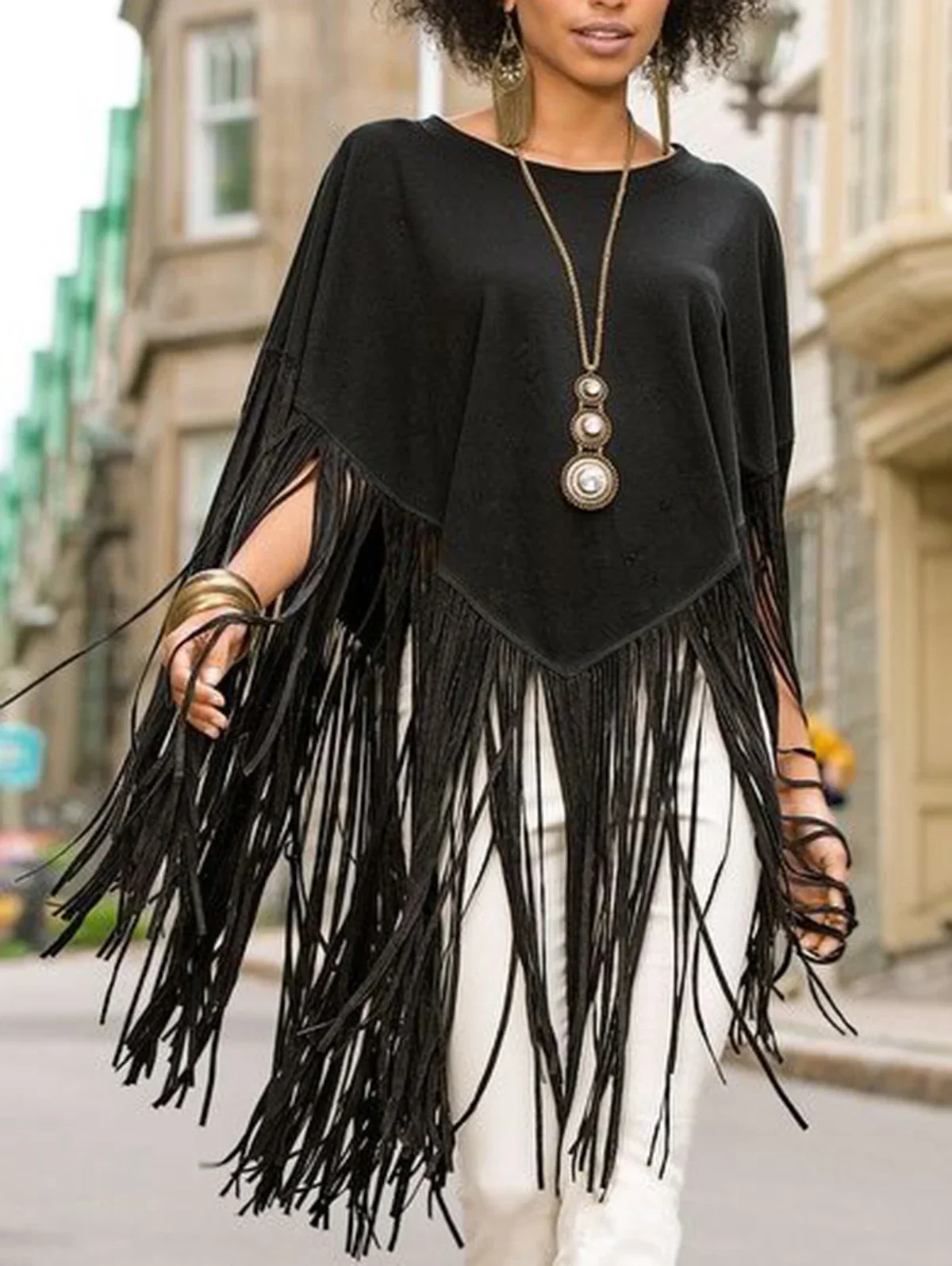 

Plus Size Tassel Fringe Cloak Pullovers For Women Round Neck Sleeveless Elegant Top Female Autumn Asymmetric Hem Capes Top