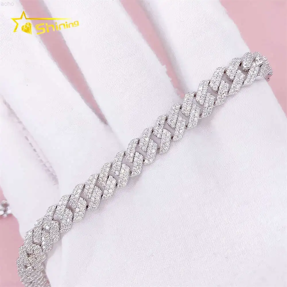 Hip Hop Style 8mm Width 2 Rows 925 Silver Iced Out Diamond Bracelet Moissanite Cuban Link Chain