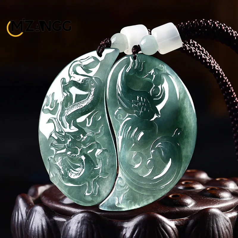 Natural Jadeite Oil-Green Dragon and Phoenix Pendant Hand-Carved Fashionable Ice-Type Jade Necklace Matching Gift for Couples