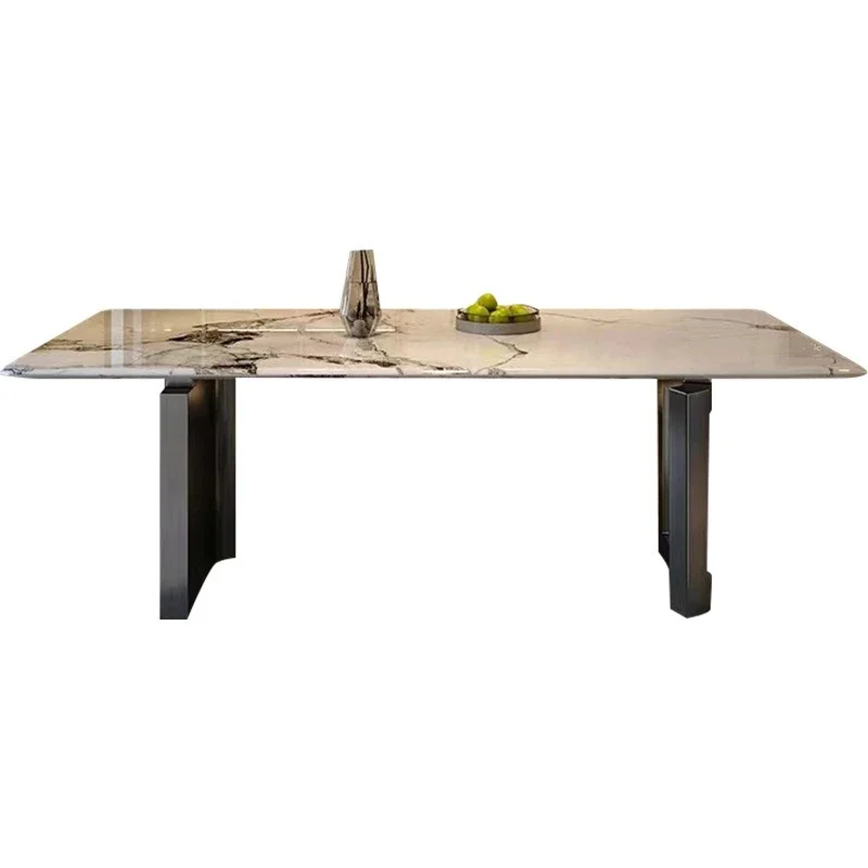 Modern simple rectangular household dining table and chair combination Small apartment stainless steel dining table