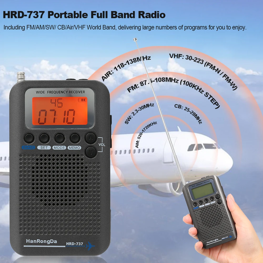 

HanRongDa HRD-737 Portable Full Band Radio Aircraft Band Receiver FM/AM/SW/ CB/Air/VHF World Band with LCD Display Alarm Clock