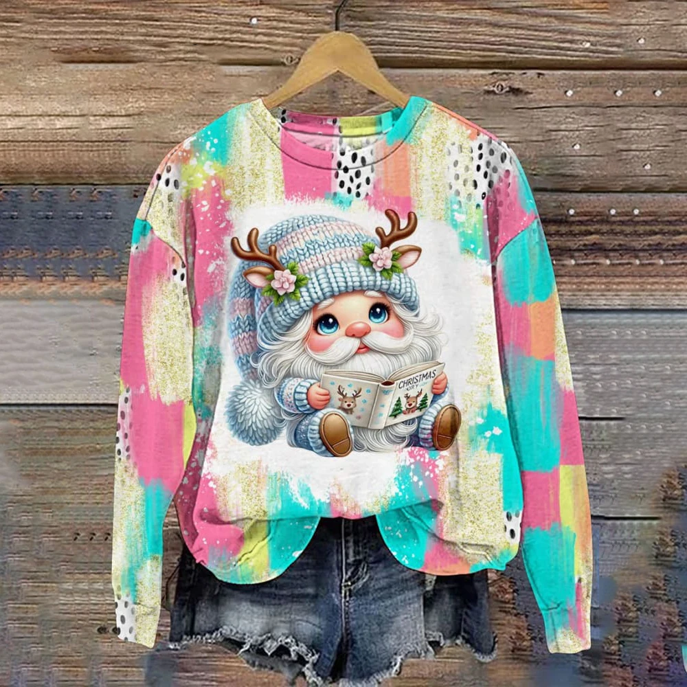 Women\'s Kawaii Santa Claus Print O-Neck Hoodies Winter Gnome Christmas Casual Print Sweatshirt Oversized Ladies Christmas Tops