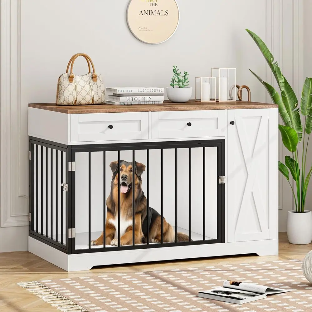 

Double-Decker Wooden Dog House with Storage, Indoor Cage, and Side Table for Small to Medium Dogs, White