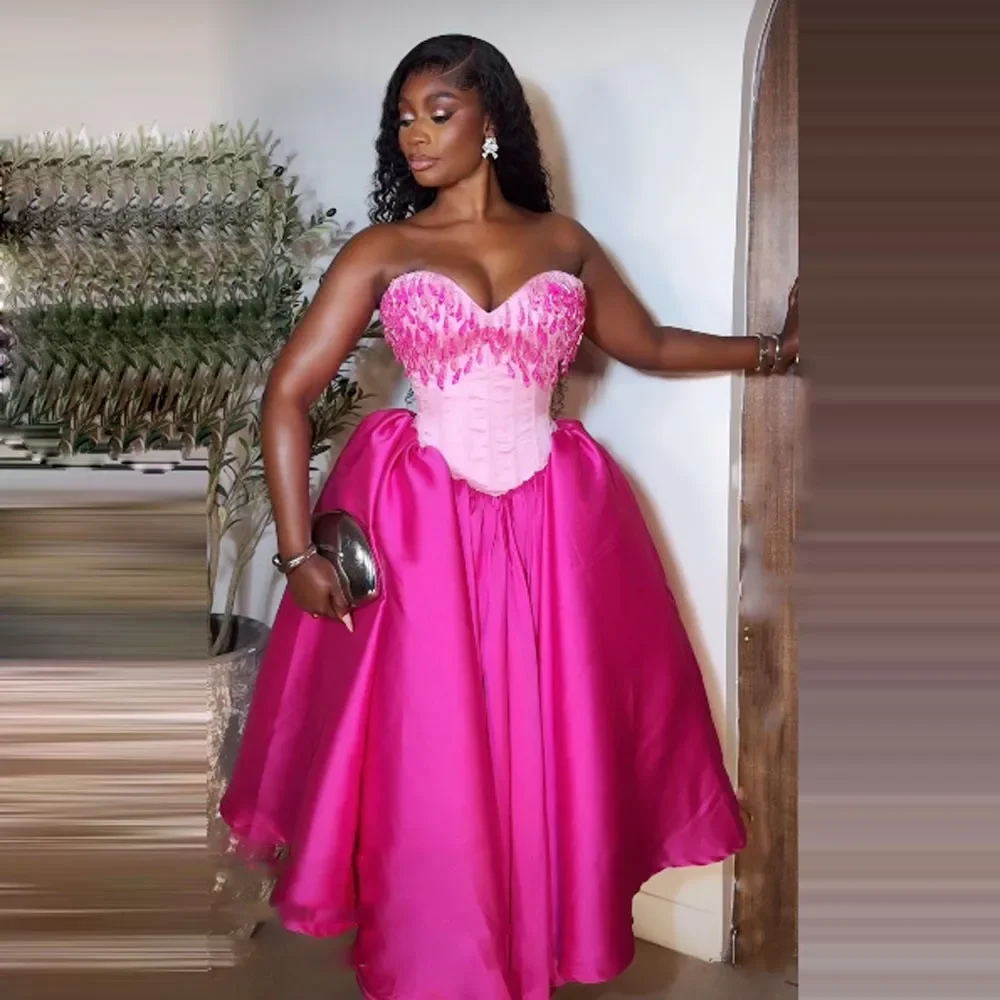Aso Ebi Women Birthday Party Gowns Eye Catching Evening Dress Fuchsia Prom Dresses With Beads Crystals Corset Back Tea Length