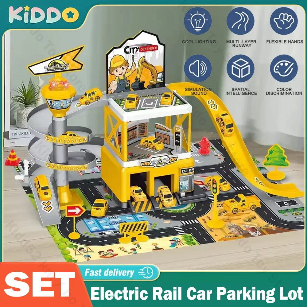 Electric Rail Car Parking Lot DIY Building Adventure Racing Rail Car Toys Children Brain Mechanical Interactive Rail Cars Gifts