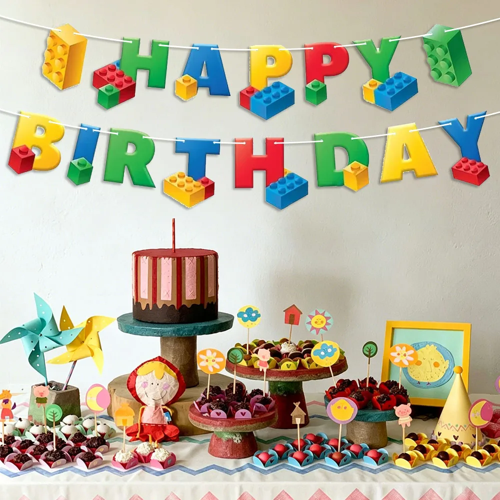 1 Set Baustein-Geburtstagsbanner Lebendige Bunte Papiergirlande für Geburtstagsfeier-Dekoration Babyparty 1. Geburtstag Partydekoration