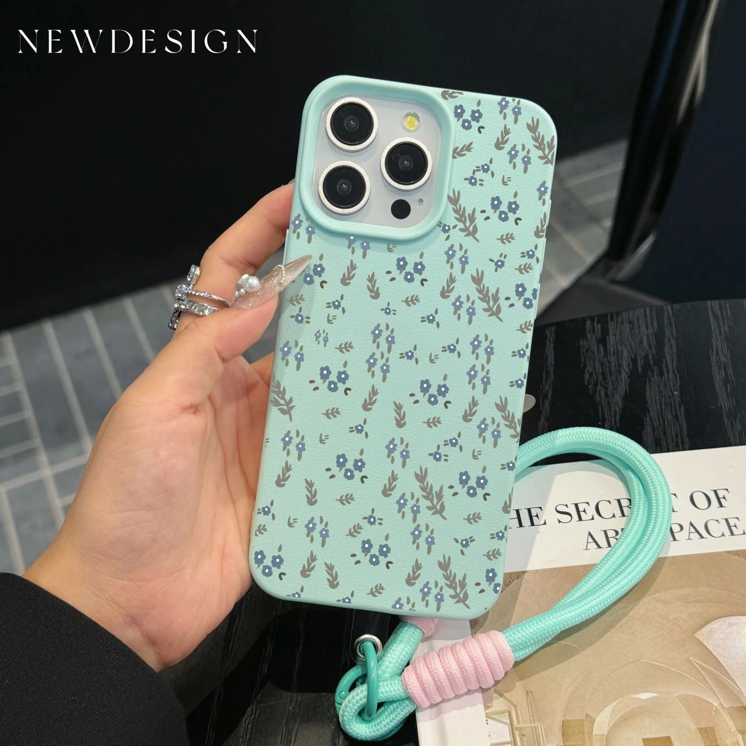INS Fresh Blue Cute Flower Phone Chain Lanyard Case For iPhone 17 16 15 14 13 12 Pro Max 11 Plus Shockproof Lichee Pattern Funda