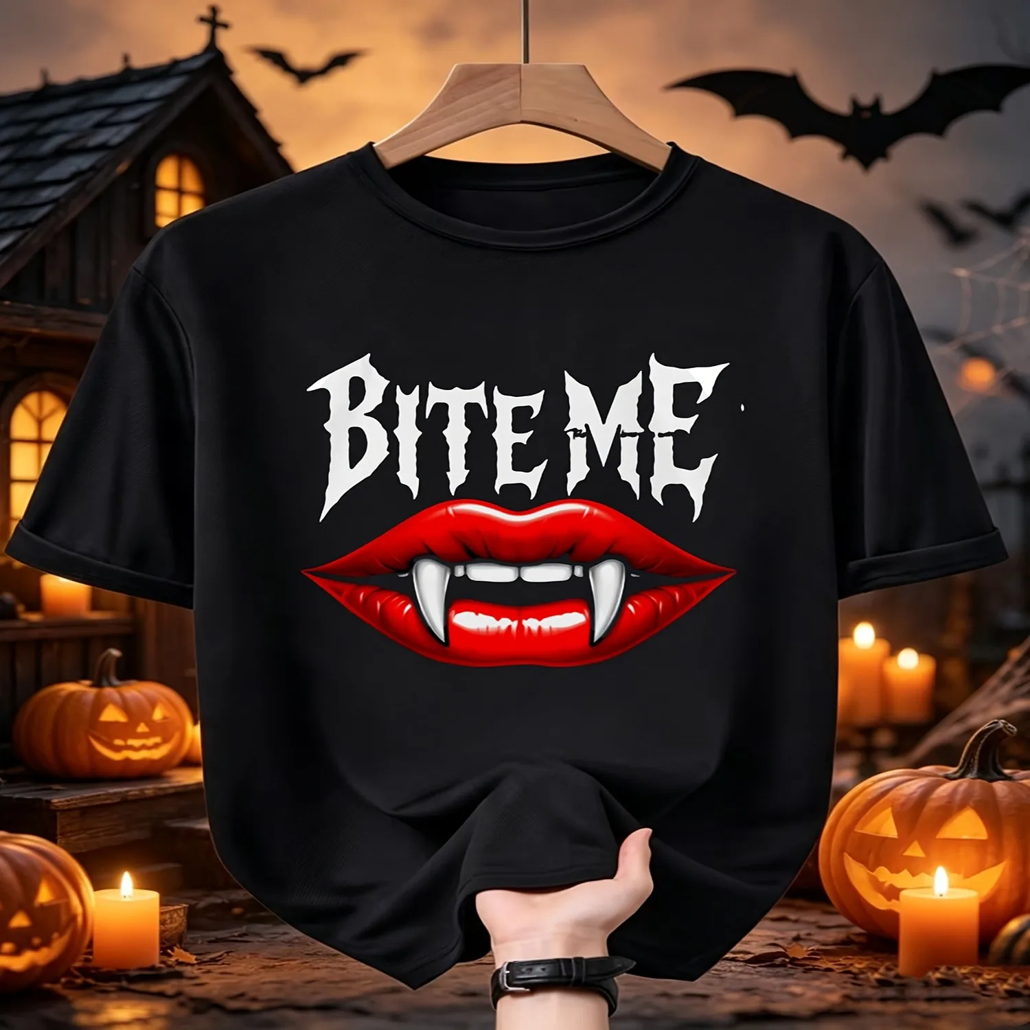 California Republic unisex'S Men'S Style Tshirt Gothic BITE ME Vampire Lips Bat Print Unisex Casual Round Neck for Halloween Costumes Christmas Gifts Year Top for Daily Activities Crew Neck Dr re Graphic Tee, Vintage Style Tee,