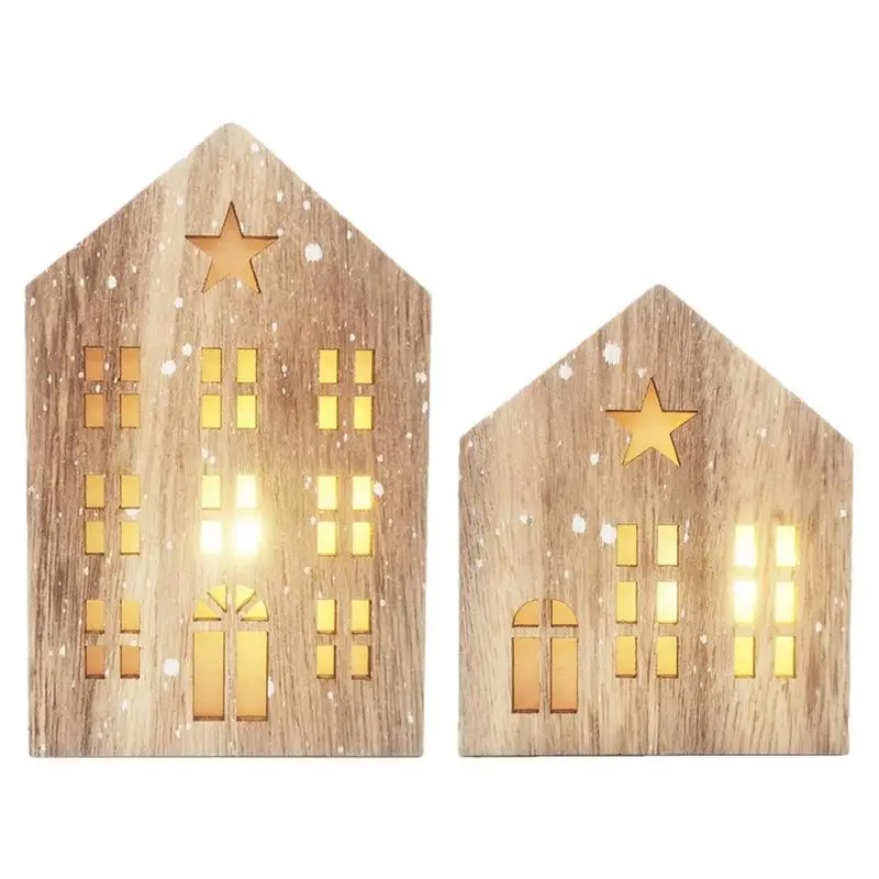 Rustic Style Wooden House Lantern Christmas House Shape Lamp Tabletop Centerpiece Ornament For Christmas New Year Decoration