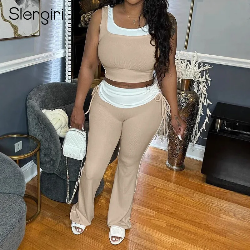 

Slergiri Women's Contrast Color O-Neck Sleeveless Crop Tank Top with Flared Pants Streetwear Casual Elastic Knit 2 Pieces Set