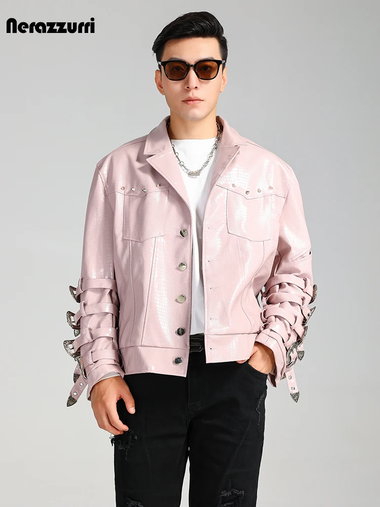 Nerazzurri Autumn Cool Oversized Pink Crocodile Print Patent Pu Leather Jacket Men with Many Blets on the Sleeve Runway Fashion