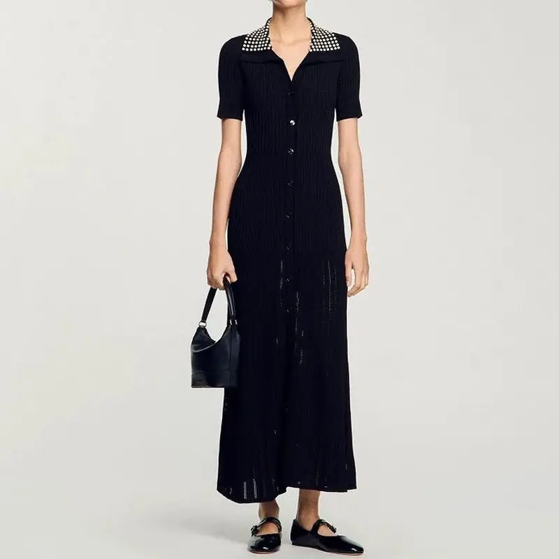 

High Quality Women's Fashionable Knitted Short Sleeve Slim Fit Dress Summer 2025 Turn-down Collar Body Shaping Gown