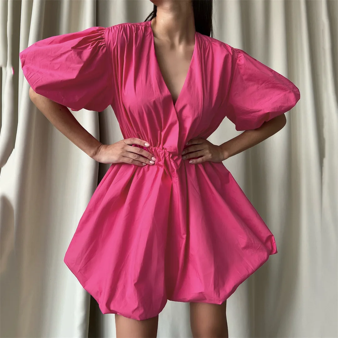 Lantern Sleeve Mini Dress Summer Fashion Style Elegant Women Solid Color Robe Femme A Line Vestidos De Fiesta V-Neck Sun Dresses