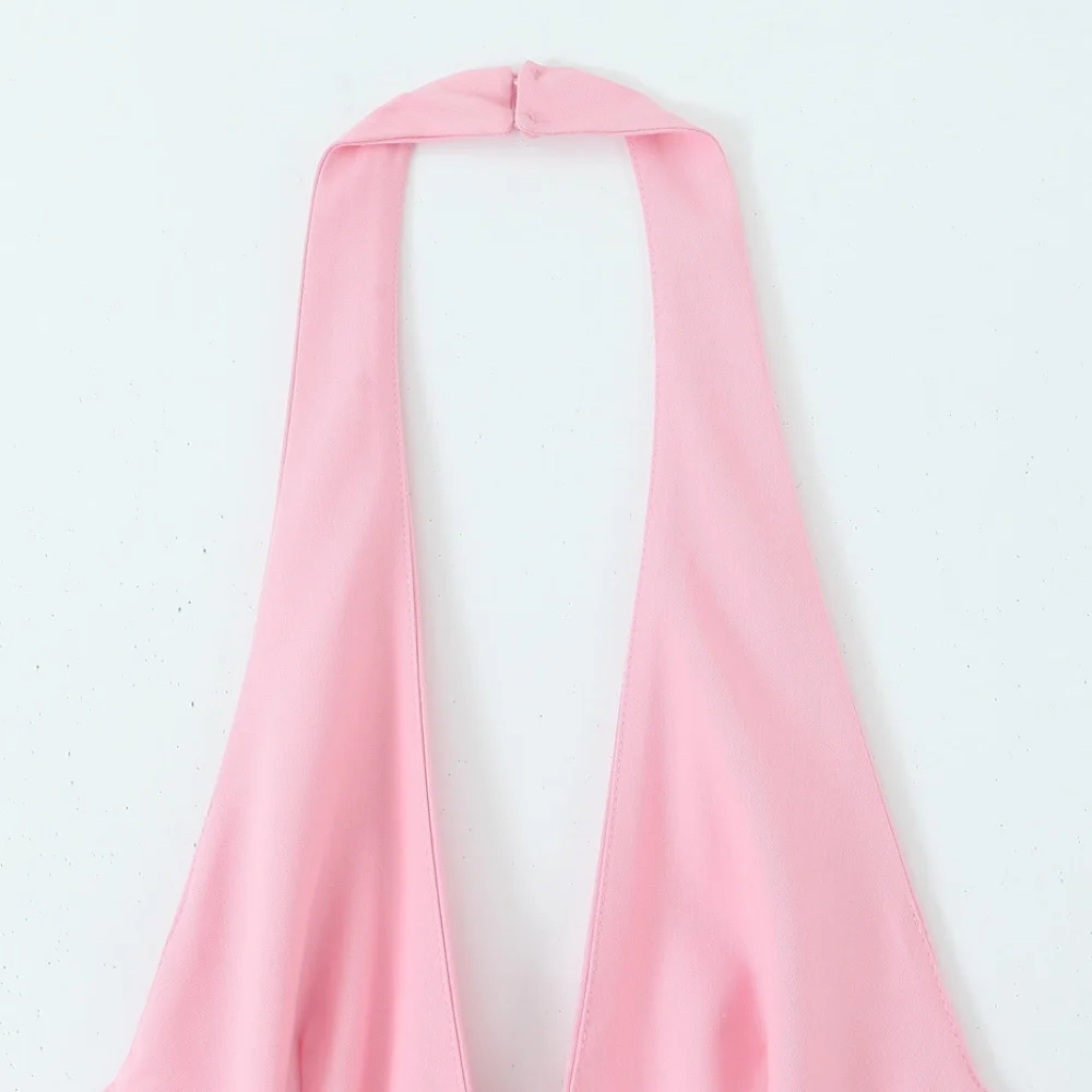 Women's Solid Color Hanging Neck Collar Midi Dress V-neck Sleeveless backless Side Zipper Summer New Sweet Long Dress