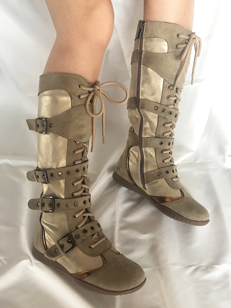 Round Toe Side Zipper Tall Retro Color Matching Western Boots Lace Up Flat Slim Hollow Belt Straps Women Knee High Boots Cool