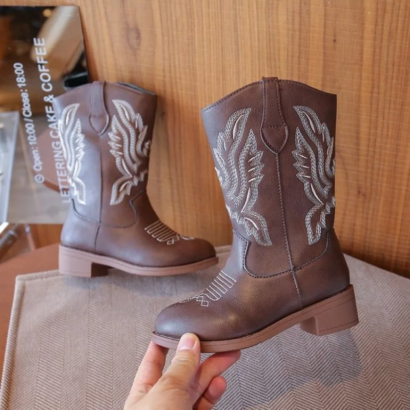 2026 Children's PU Leather Shoes Classic Western Cowboy Embroidery Girls Long Boots Kids Autumn Soft Sole Retro Princess Boots