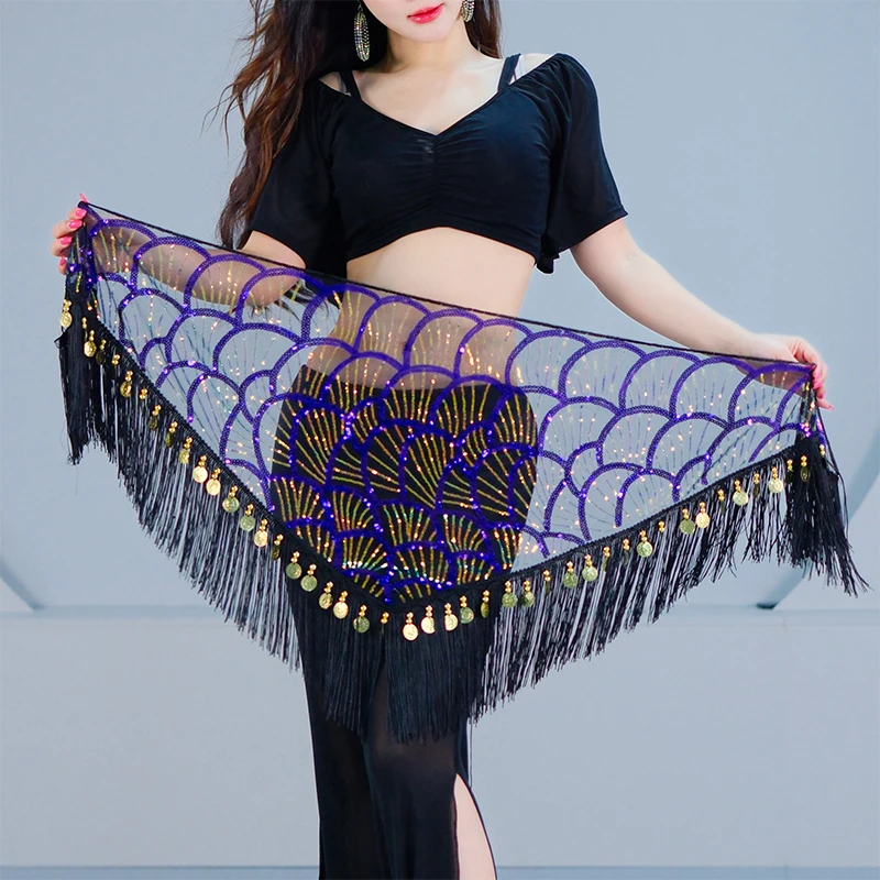 

Elegant Belly Dance Performance Costume Sequins Tassel Waist Hip Scarf Triangle Scarf Women Oriental Dance Practice Wrap Skirt