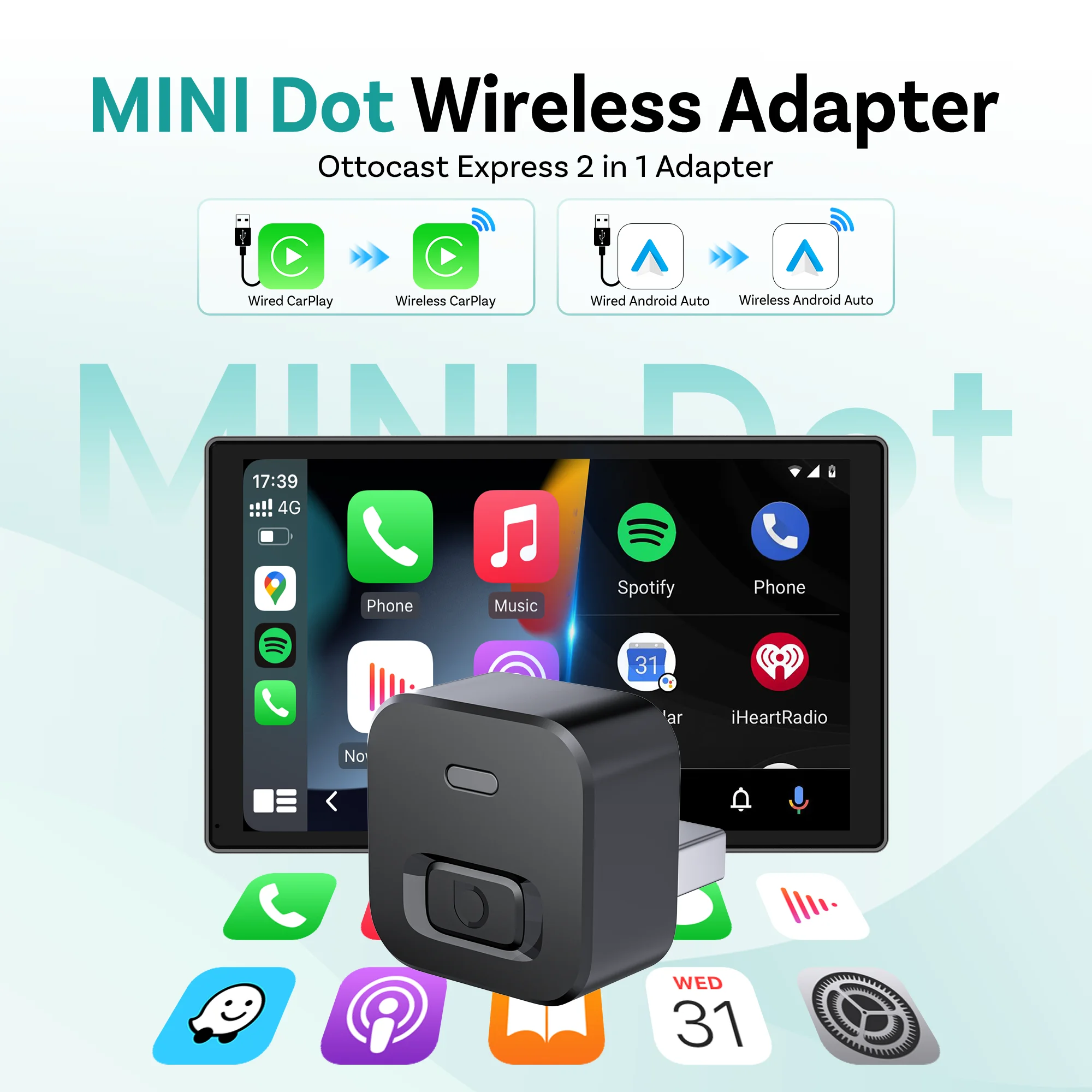Ottocast Express Mini Dot Wireless Carplay Adapter Android Auto Dongle Wired to Wireless WiFi 6 Plug & Play for Audi Kia