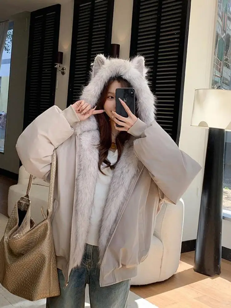 

Retro Women Black Elegant Hooded Zipper Hairy Down Cotton Coat Winter Beige Chic Holiday Short Popular 2025 Thick Trendy Casual