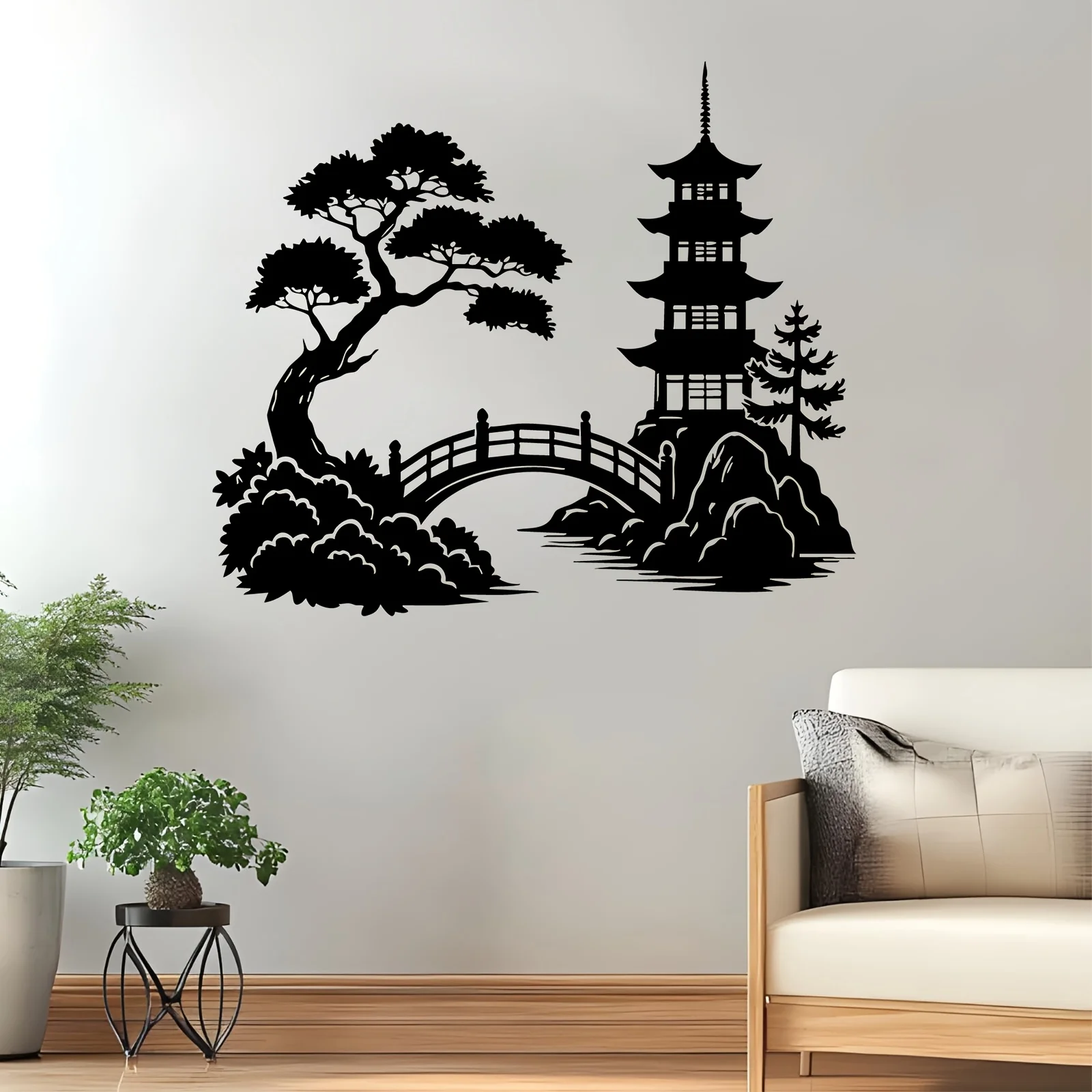 Pagoda Pine Tree Metal Wall Decor Rust-Proof Iron Sculpture Porch Garden Fence Chinese New Year Mid-Autumn Gift Asian Culture