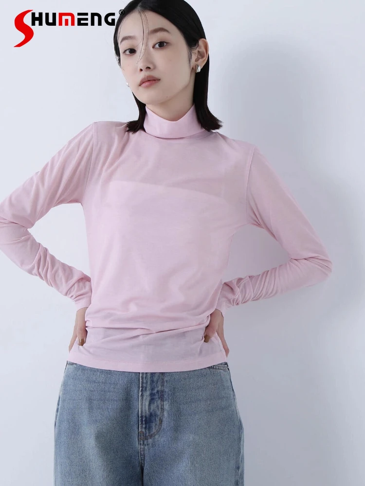 

Japanese Style Sweet Long Sleeve Tops Spring Autumn New Women's Slim Fit High Neck Pullover Women's Daily Basic Casual T-Shirt