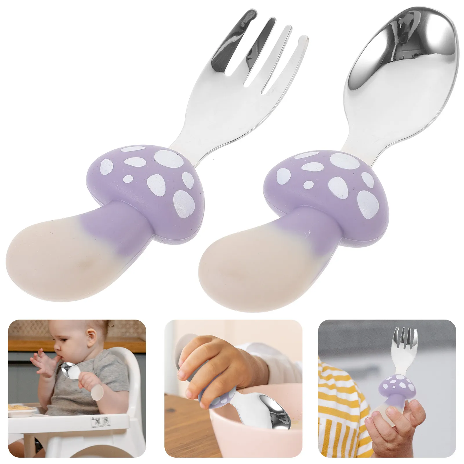 

1Set Baby Silicone Short Handle Fork Spoon Set Stainless Steel Toddler Feeding Tableware Infant Portable Training Utensils Baby