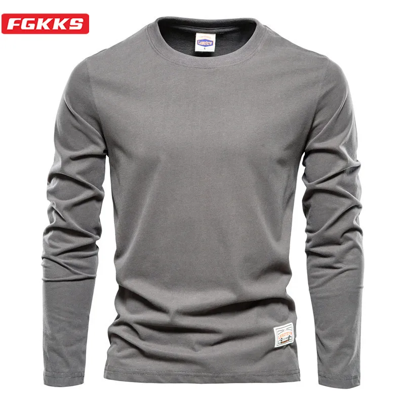 FGKKS  Cotton Long Sleeve T shirt For Men Solid Spring Casual Mens T-shirts High Quality Male Tops Classic Men\'s T-shirt