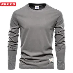 FGKKS  Cotton Long Sleeve T shirt For Men Solid Spring Casual Mens T-shirts High Quality Male Tops Classic Men's T-shirt