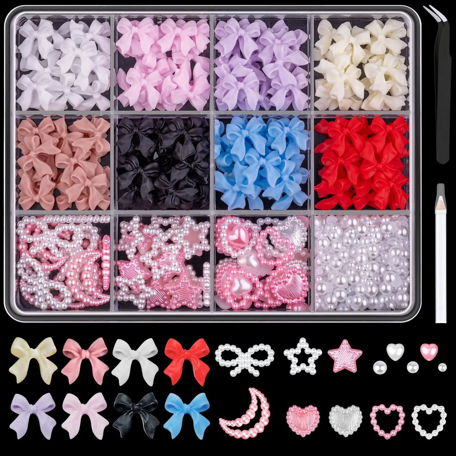 600pcs Mix Pearls Nail Charms 3D 12 Grids Bow Heart Star Nail Decoration DIY Jewels White Pearl Butterfly Nail Gems Manicure