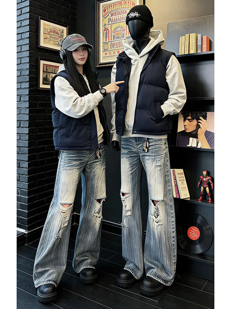 Trendy Youth down Vest Men's Thickened Stand Collar Sleeveless Outerwear with Sweatshirt Two Piece Set Winter Warm Anti-Cold