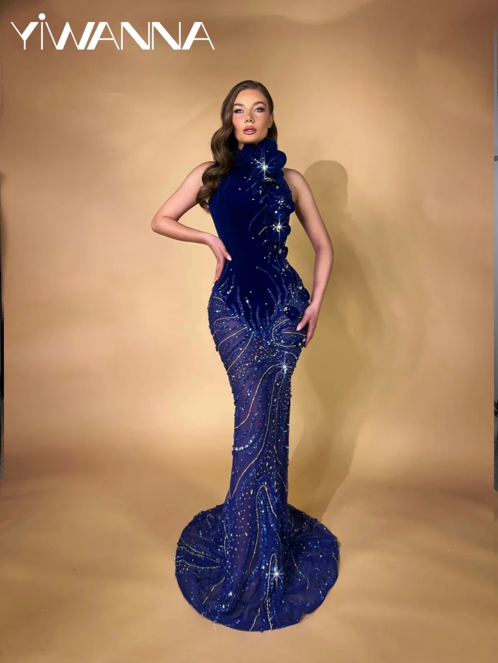 

Blue Embroidery Crystal Evening Dress With 3D Flower High Collar Mermaid Long Wedding Party Gown Customized Chic Prom Dresses