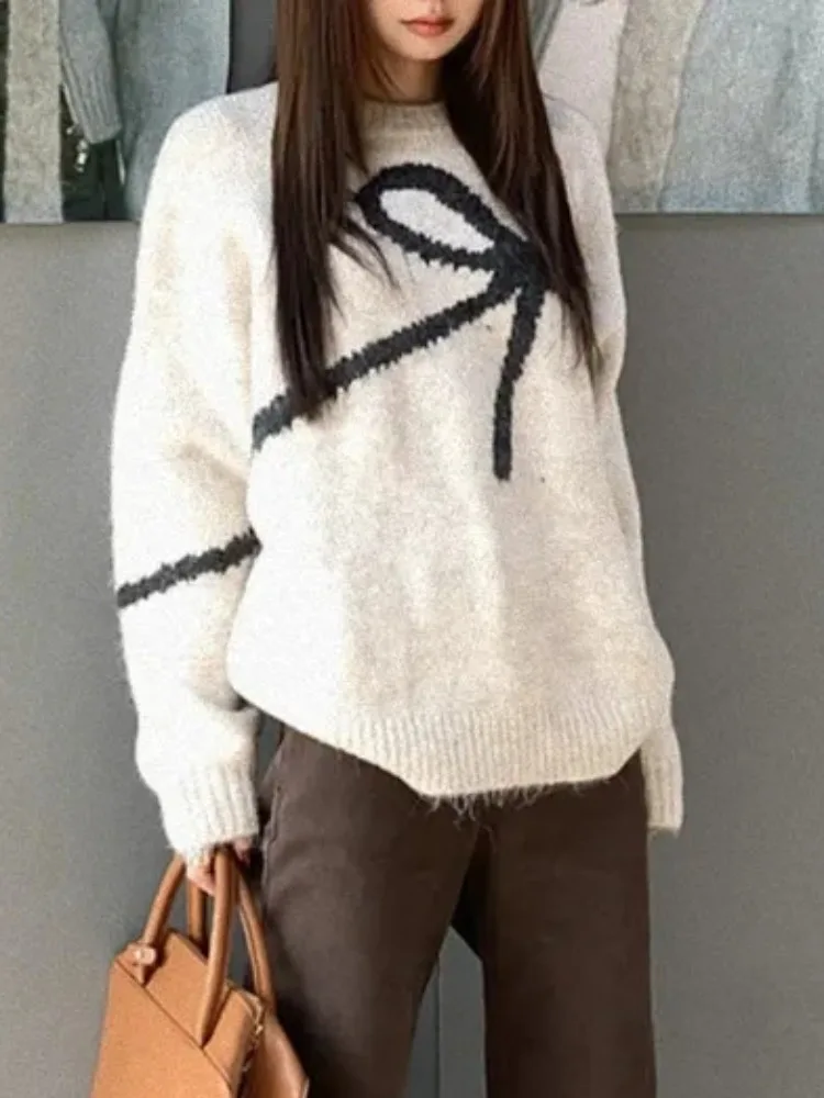 

Chic Spring Anti-Aging round Neck Knitted Sweater Women's Loose Long Sleeve Soft Knot Embellished Versatile Comfort...