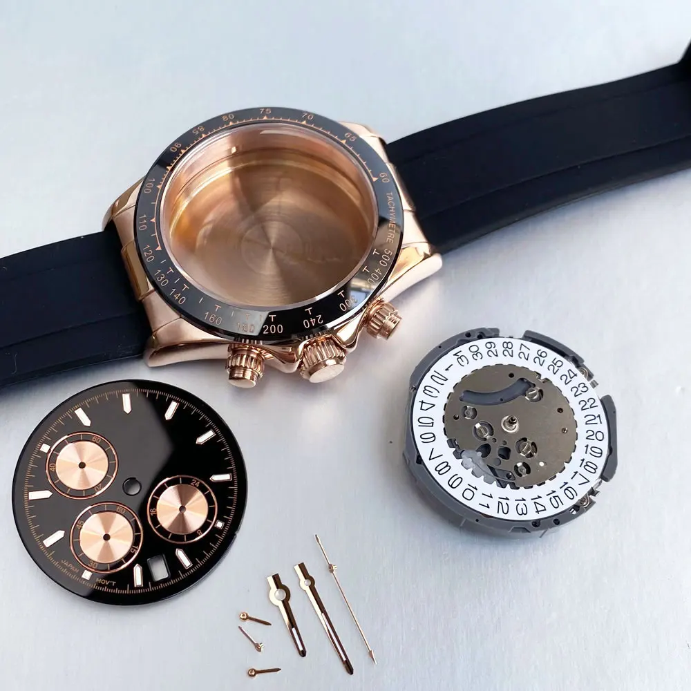 Caja de acero de 39mm + esfera + movt + conjunto de correa, accesorios de reloj para hombre aptos para cronógrafo de cuarzo VK63, piezas de cristal de zafiro multifunción